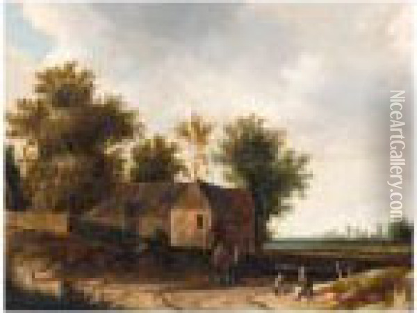 A Landscape With Figures Resting Before A Barn Oil Painting - Roelof van Vries