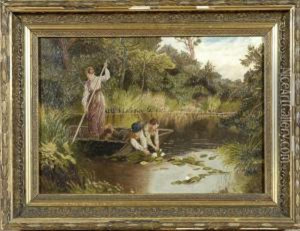 Landscape With River And Figures In Boat Oil Painting - Elizabeth Mchaffey