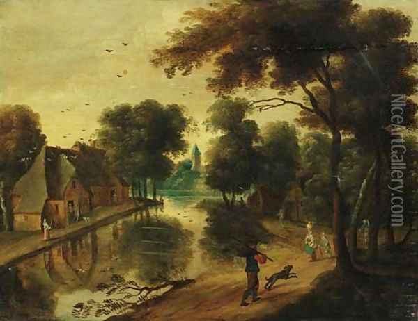 A river landscape with cottages and peasants Oil Painting - Jacques Foucquieres