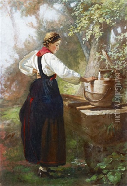 Jeune Paysanne A La Fontaine Oil Painting - Johann-Joseph Geisser