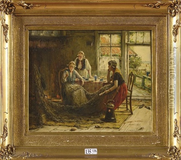 Les Trois Filles Du Pecheur Dans Un Interieur Oil Painting - Edward Antoon Portielje