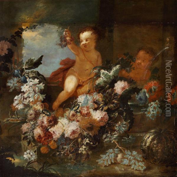 Fruit, Flowers And Putti Oil Painting - Jan Evert Morel