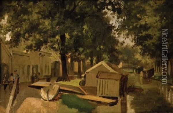 Boathouse Along A Canal Oil Painting - Hendrik Barend Koekkoek