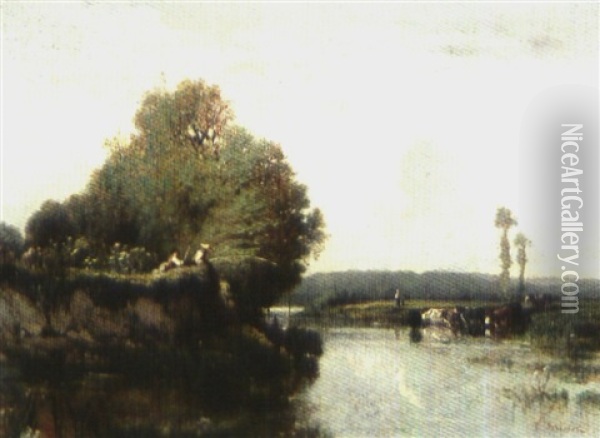 Flusslandschaft Mit Fischern Und Kuhen Oil Painting - Felix Saturnin Brissot de Warville