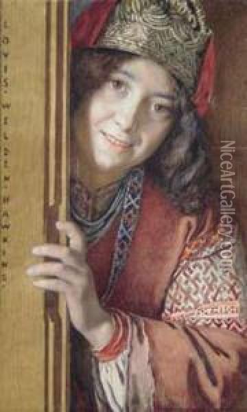 Jeune Femme Souriant Au Costume Medieval Oil Painting - Louis Welden Hawkins