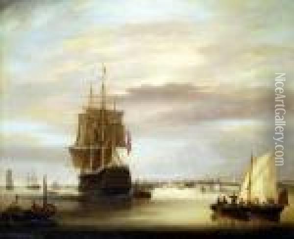 Hms Victory, Off Portsmouth Oil Painting - George Webster