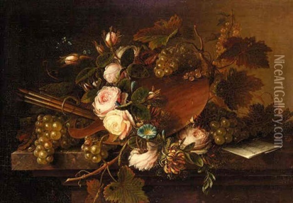 Still Life Of An Artist's Palette Wreathed With Roses Oil Painting - Copleston Warre Bampfylde