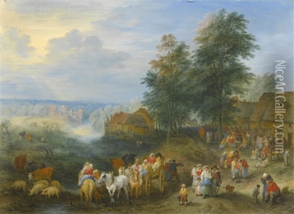 Travellers And Their Herds Departing From A Village And Travellers Unpacking Their Carts And Entering A Village (pair) Oil Painting - Theobald Michau