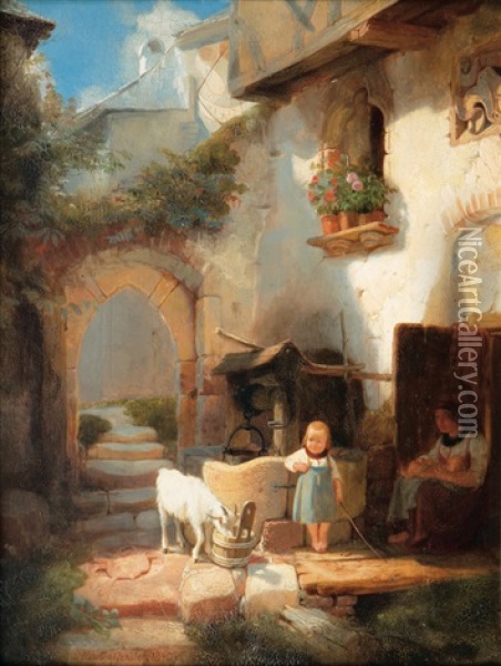 Idyll By The Well Oil Painting - Johann Martin Gensler