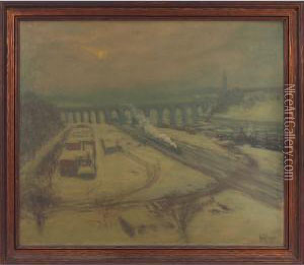 Snowy Train Station Oil Painting - Hal Robinson
