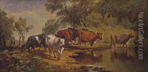 Pastoral Landscape With Cows By A Stream Oil Painting - William M. Hart