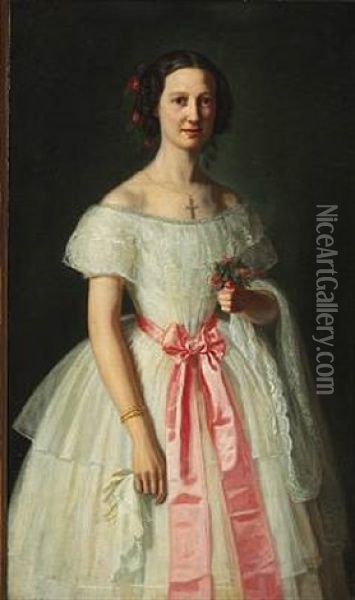Portrait Of Elisabeth Alexandra Mourier In Her White Wedding Dress With A Pink Silk Ribbon Around Her Waist, Roses In Her Hair And A Shining Wedding Ring Oil Painting - Johan Didrik (John) Frisch