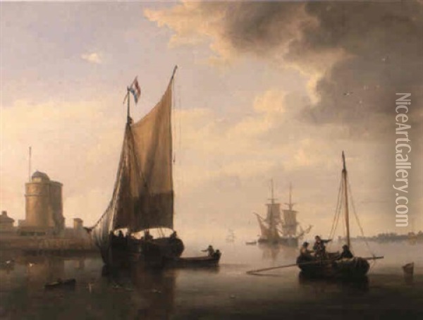 Fishermen In A Calm Sea Oil Painting - John Wilson Carmichael
