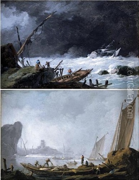 A Storm With Sailors Tending A Shipwreck On The Shore, A Man-o-war Sinking In The Distance (+ Fishermen Unloading Their Catch On The Shore, A Distant Castle Visible Through Fog Beyond; Pair) Oil Painting - Jean Baptiste Pillement