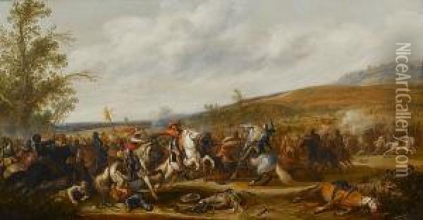 An Extensive Landscape With A 
Cavalry Skirmish, An Officer On A White Charger At The Centre Oil Painting - Jan the Younger Martszen
