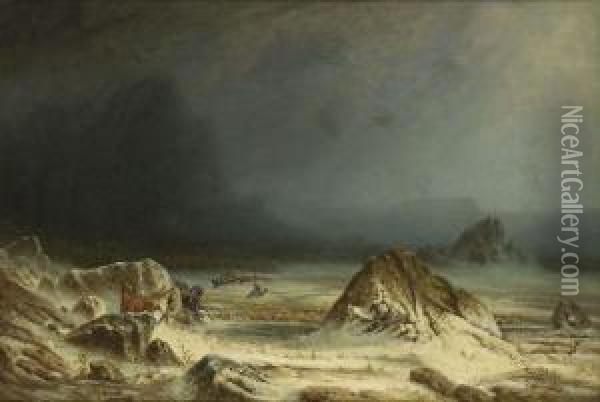 Winterlanschaft Mit Fluchtenden Pferden Bei Aufziehendem Unwetter Oil Painting - Carl Von Perbandt