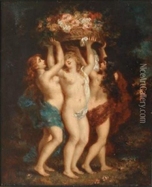Les Trois Nymphes Au Panier Fleuri Oil Painting - Narcisse-Virgile D Az De La Pena