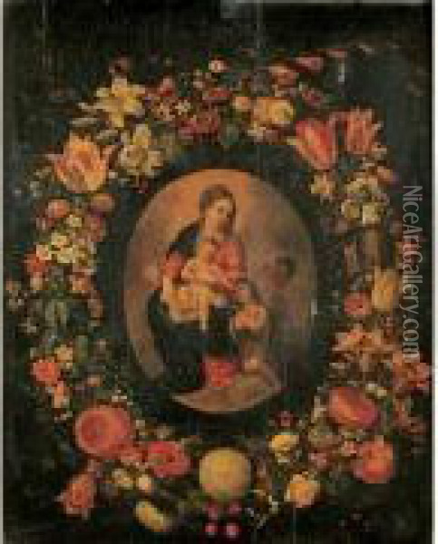 Vierge A L'enfant Et Saint Jean-baptiste Dans Une Guirlande De Fleurs Oil Painting - Jan Van Balen