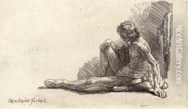 A Nude Man Seated On The Ground With One Leg Extended Oil Painting - Rembrandt Van Rijn