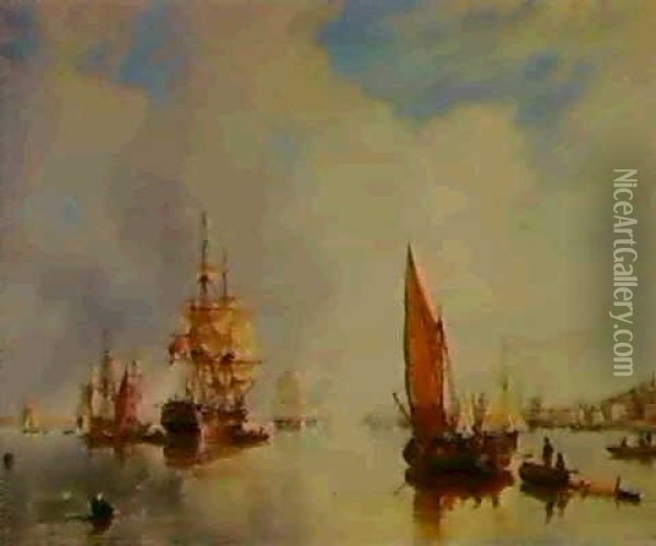 On The Thames At Woolwich, With The Buckinghamshire, In-    Diaman, Going Down The River Oil Painting - John Wilson Carmichael
