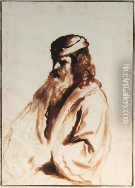 A bearded figure wearing a turban and fur coat, half length, turned to to the right Oil Painting - Gerbrand Van Den Eeckhout