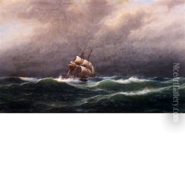Barkentine Sailing Ship On Stormy Seas Oil Painting - Franz Johann (Wilhelm) Huenten