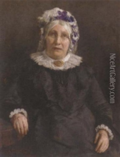 Portrait Of A Lady In A Black Dress And Lace Bonnet Oil Painting - Stanhope Forbes