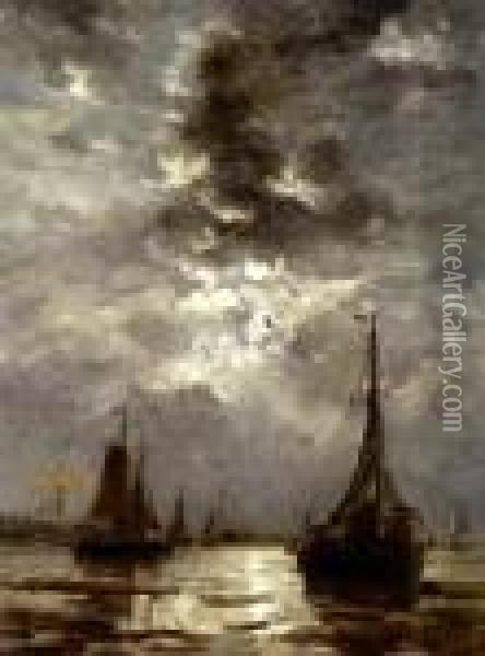 Beached Bomschuiten By Moonlight Oil Painting - Hendrik Willem Mesdag