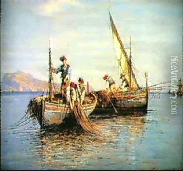 Fishermen Pulling In Their Nets Oil Painting - Giuseppe Carelli