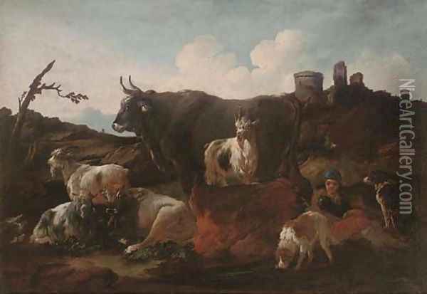 A shepherd with cattle and dogs by ruins in an Italianate landscape Oil Painting - Philipp Peter Roos