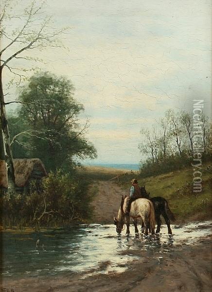 Cattle In A Watermeadow, And Another, Farmhorses Returning From The Fields, A Pair Oil Painting - William Frederick Hulk