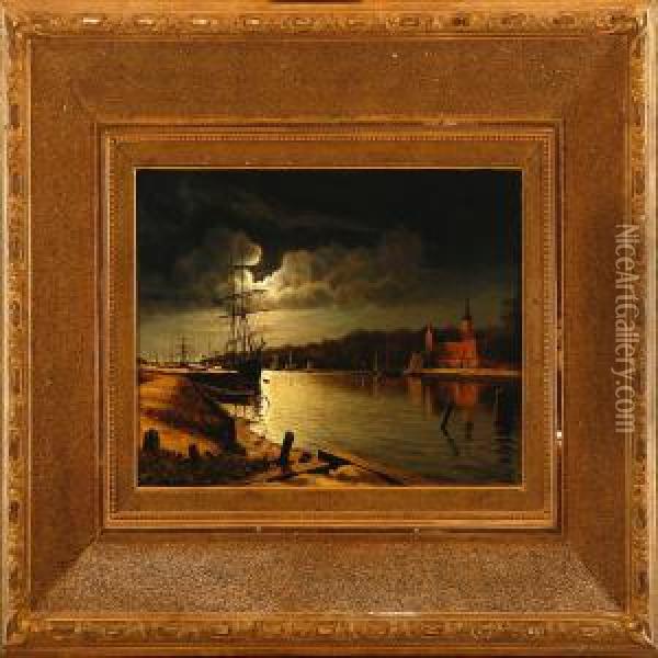 The Nissan With A Sailboatand The Halmstad Castle In Moonlight Oil Painting - Oscar Ohlson
