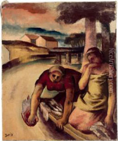 Beim Wascheschwemmen, Signiert Zach, Auf Der Ruckseite Beschriftung: 126. Fr. Zach 1930, Komposition, 54 X 64 Cm Oil Painting - Franziska Zach