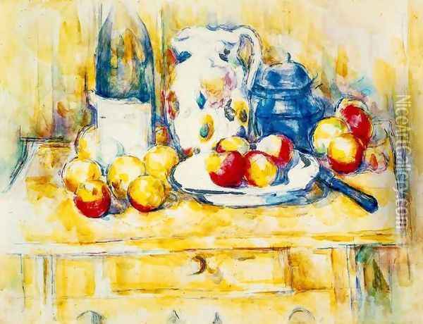 Still Life With Apples A Bottle And A Milk Pot Oil Painting - Paul Cezanne