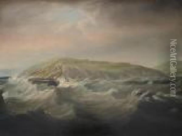 A Frigate Off A Stormy Coast Oil Painting - Thomas Buttersworth