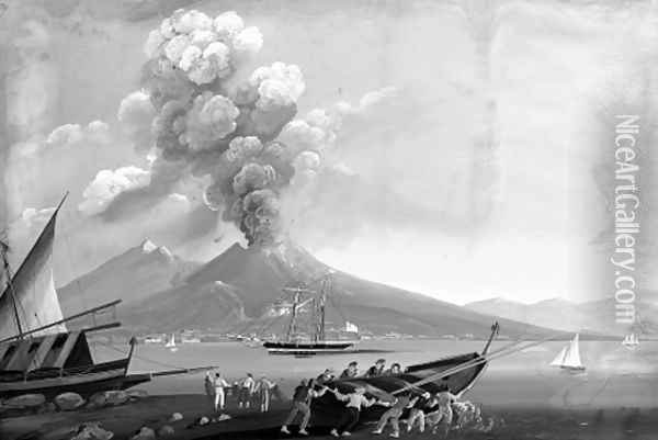 A view of the eruption of Mount Vesuvius in 1834 with fisherman launching a skiff Oil Painting - Neapolitan School