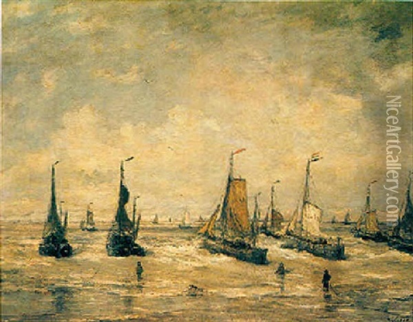 Anchoring The Fishing Boats At Scheveningen Beach Oil Painting - Hendrik Willem Mesdag