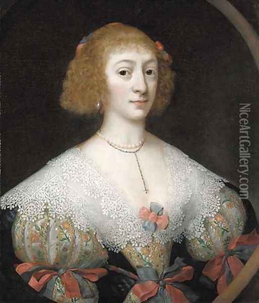 Portrait of a lady, half-length, in an embroidered dress with an ornate lace collar, feigned oval Oil Painting - Gilbert Jackson