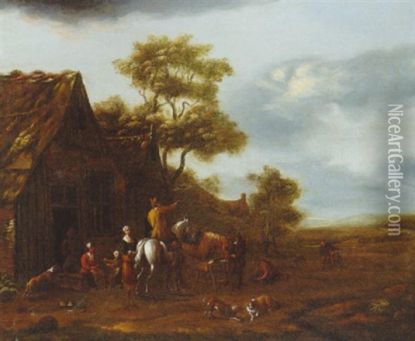 A Horseman Asking Directions At A Farmstead Oil Painting - Barend Gael