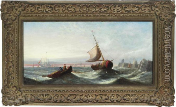 Shipping Off A Jetty Oil Painting - William Calcott Knell