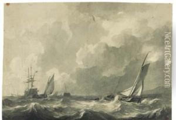 Shipping On A Choppy Sea Near The Coast Oil Painting - Petrus Jan Schotel