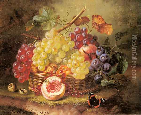 A Still Life with Grapes, Peaches and a Butterfly on a Mossy Bank Oil Painting - Amalie Kaercher