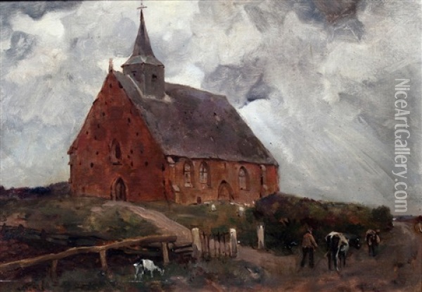 Boer Met Koeien Bij Kerk Oil Painting - Willem Van Der Nat