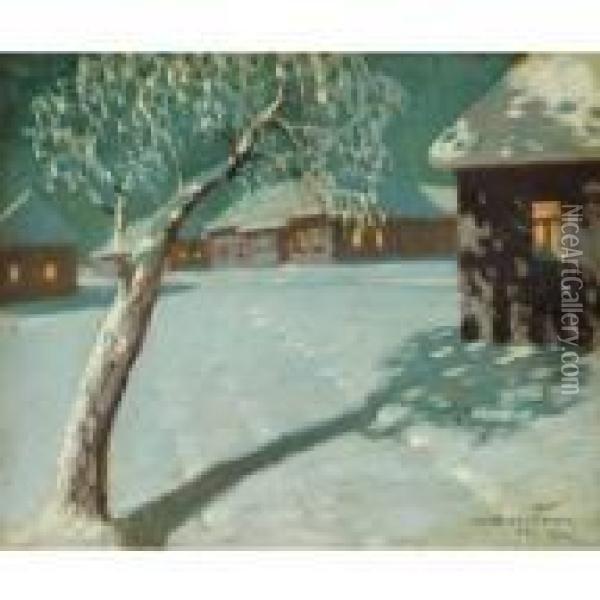 Russian Village In Winter Oil Painting - Viktor Ivanovich Zarubin