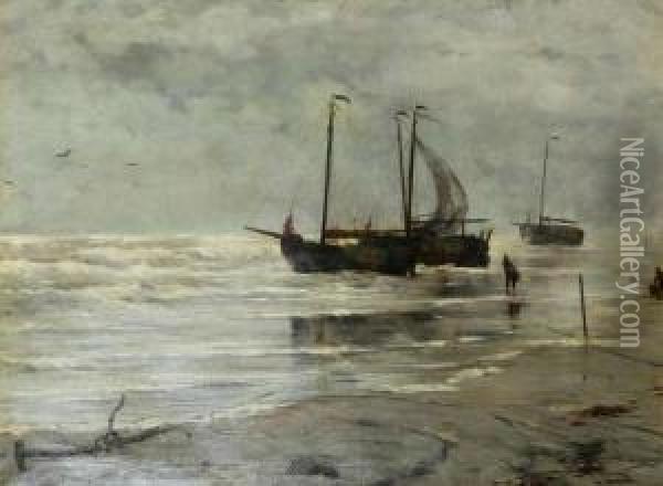 Strandgezicht Met Voor Anker Liggende Vissersboten Onder Grijze Hemel Oil Painting - Edward Antoon Portielje