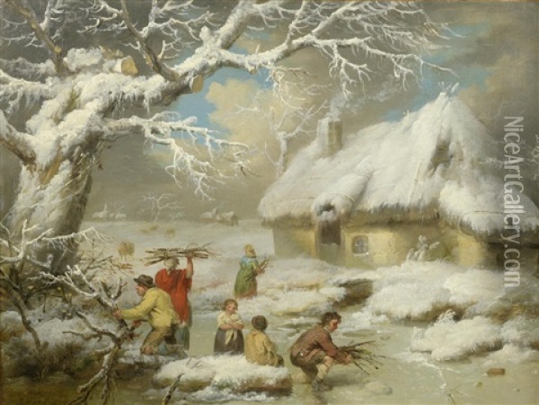 Faggot Gatherers In A Winter Landscape Oil Painting - James Ward