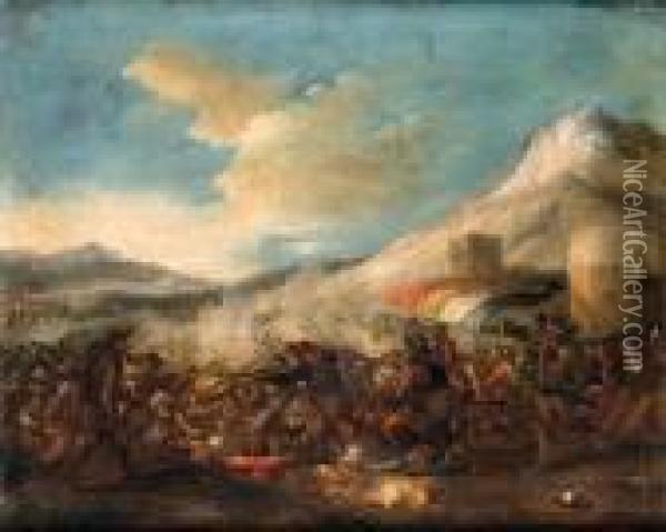 An Infantry Battle In A Mountainous Landscape Oil Painting - Jacques Courtois Le Bourguignon