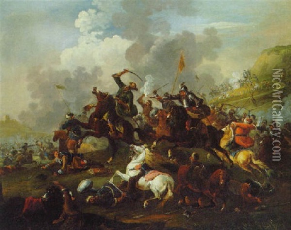 A Cavalry Skirmish Between Saracens And Turks Oil Painting - August Querfurt
