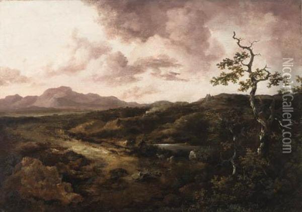 A Twilight Landscape With A Shepherd By A River Oil Painting - Thomas Gainsborough