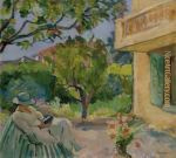 Le Cannet, Madame Lebasque Lisant Dans Un Jardin Oil Painting - Henri Lebasque